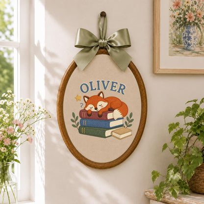 Personalized Sleeping Fox Embroidery Hoop Art, Custom Name Woodland Nursery Decor