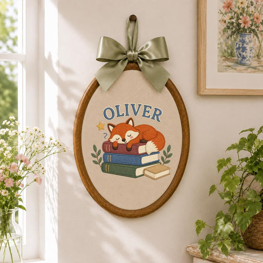Personalized Sleeping Fox Embroidery Hoop Art, Custom Name Woodland Nursery Decor