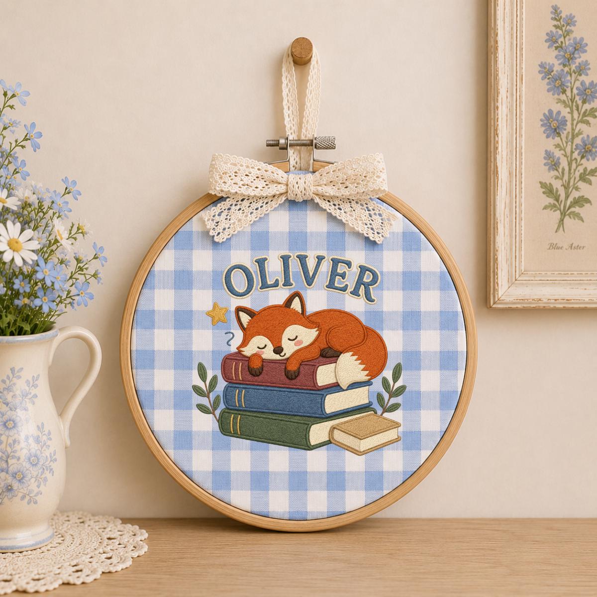 Personalized Sleeping Fox Embroidery Hoop Art, Custom Name Woodland Nursery Decor