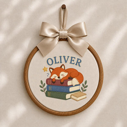 Personalized Sleeping Fox Embroidery Hoop Art, Custom Name Woodland Nursery Decor