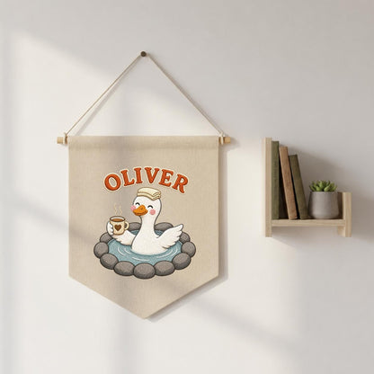 Personalized Embroidered Duck Canvas Banner, Custom Name Nursery Decor, Linen Wall Art
