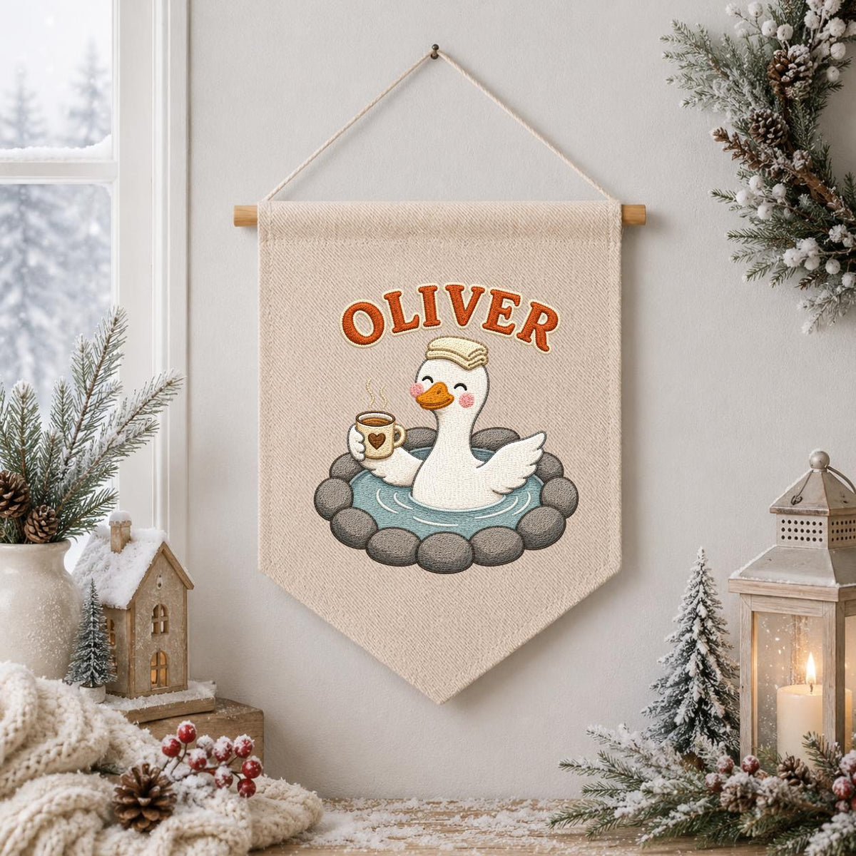 Personalized Embroidered Duck Canvas Banner, Custom Name Nursery Decor, Linen Wall Art