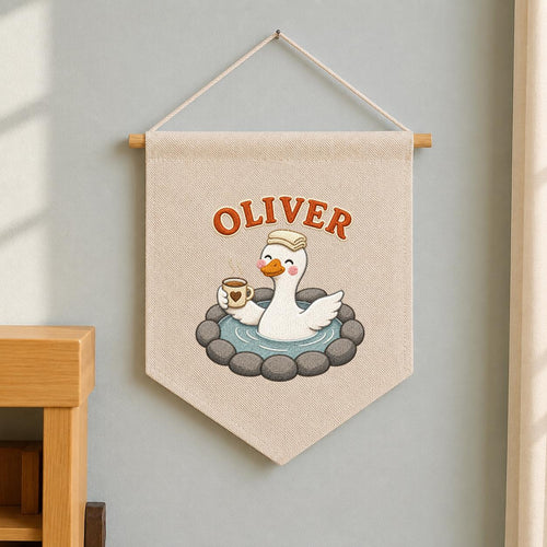 Personalized Embroidered Duck Canvas Banner, Custom Name Nursery Decor, Linen Wall Art