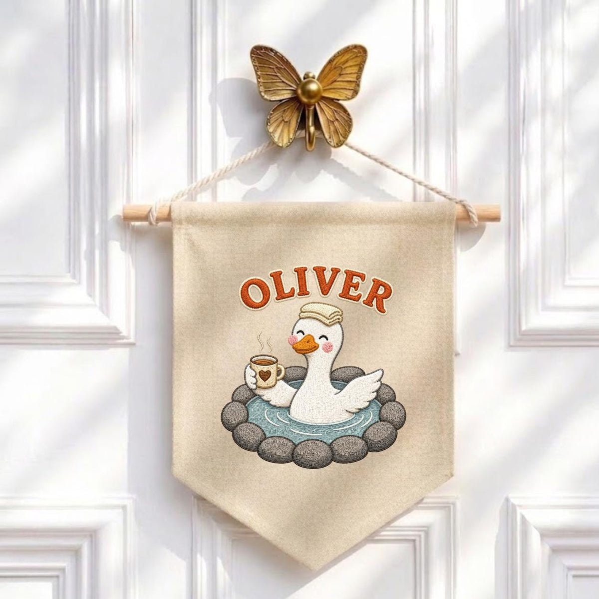 Personalized Embroidered Duck Canvas Banner, Custom Name Nursery Decor, Linen Wall Art