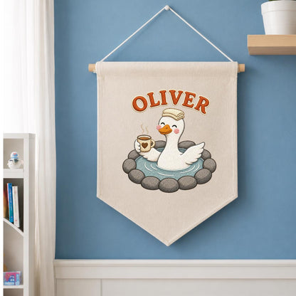 Personalized Embroidered Duck Canvas Banner, Custom Name Nursery Decor, Linen Wall Art