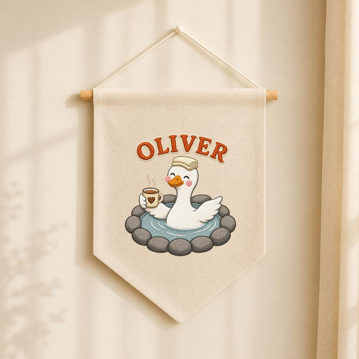 Personalized Embroidered Duck Canvas Banner, Custom Name Nursery Decor, Linen Wall Art