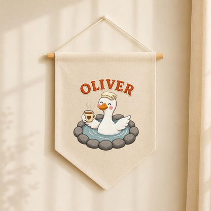 Personalized Embroidered Duck Canvas Banner, Custom Name Nursery Decor, Linen Wall Art
