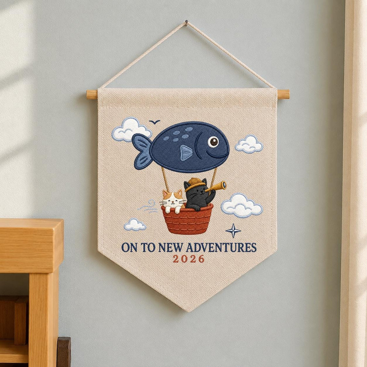 Custom Year On To New Adventures Embroidered Canvas Pennant Banner, Cute Cat Explorer Fish Balloon Adventure Wall Hanging Decor, Gift