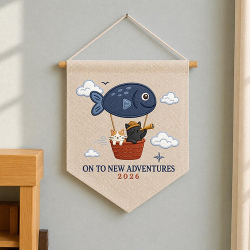 Custom Year On To New Adventures Embroidered Canvas Pennant Banner, Cute Cat Explorer Fish Balloon Adventure Wall Hanging Decor, Gift