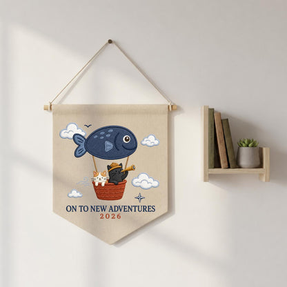 Custom Year On To New Adventures Embroidered Canvas Pennant Banner, Cute Cat Explorer Fish Balloon Adventure Wall Hanging Decor, Gift