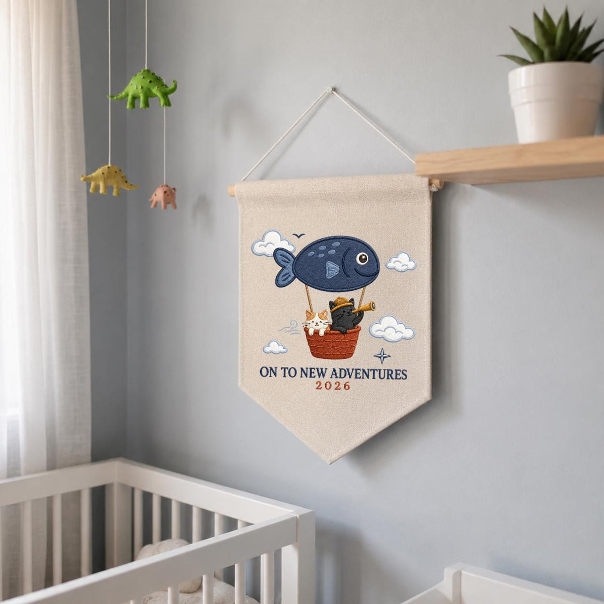 Custom Year On To New Adventures Embroidered Canvas Pennant Banner, Cute Cat Explorer Fish Balloon Adventure Wall Hanging Decor, Gift