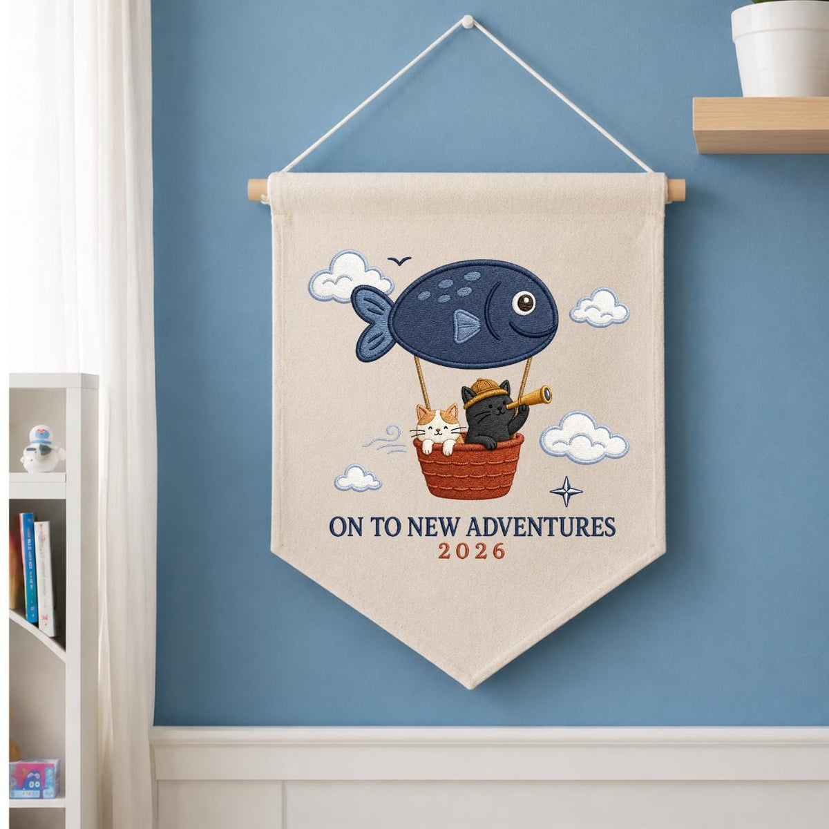 Custom Year On To New Adventures Embroidered Canvas Pennant Banner, Cute Cat Explorer Fish Balloon Adventure Wall Hanging Decor, Gift