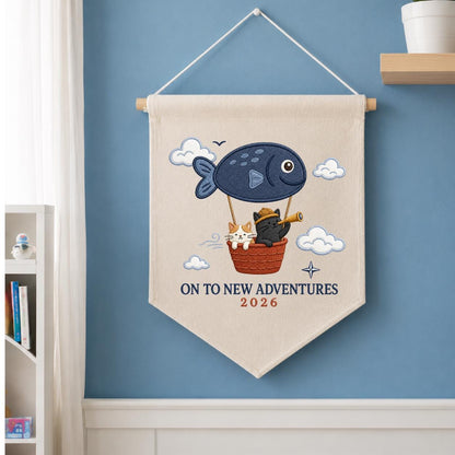 Custom Year On To New Adventures Embroidered Canvas Pennant Banner, Cute Cat Explorer Fish Balloon Adventure Wall Hanging Decor, Gift