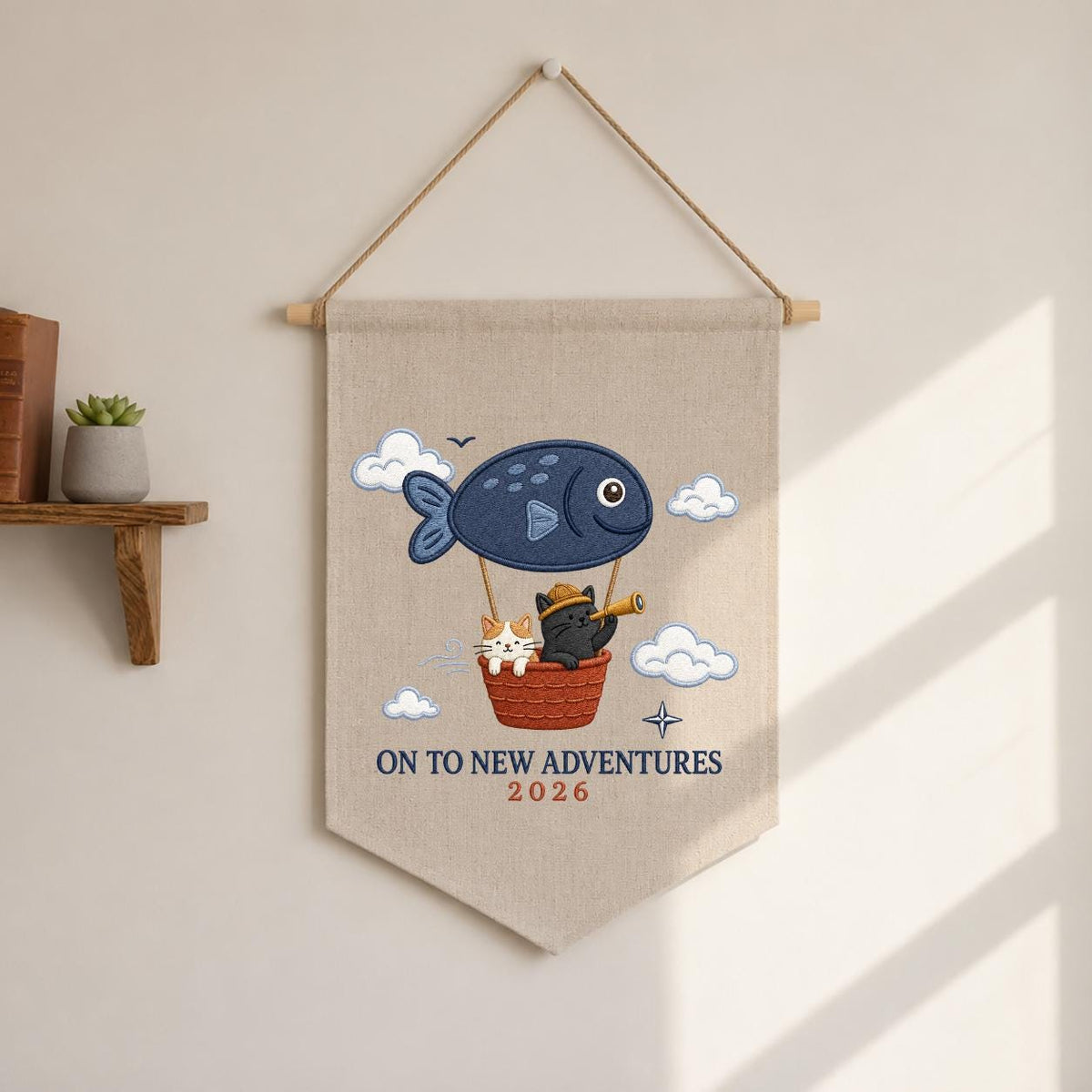 Custom Year On To New Adventures Embroidered Canvas Pennant Banner, Cute Cat Explorer Fish Balloon Adventure Wall Hanging Decor, Gift