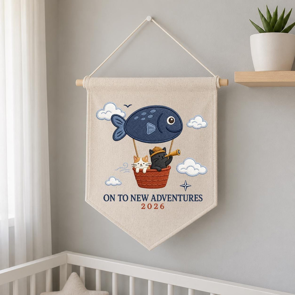 Custom Year On To New Adventures Embroidered Canvas Pennant Banner, Cute Cat Explorer Fish Balloon Adventure Wall Hanging Decor, Gift