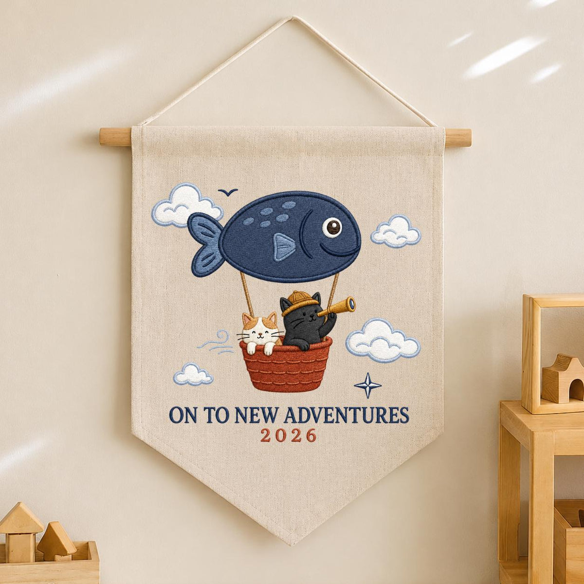 Custom Year On To New Adventures Embroidered Canvas Pennant Banner, Cute Cat Explorer Fish Balloon Adventure Wall Hanging Decor, Gift
