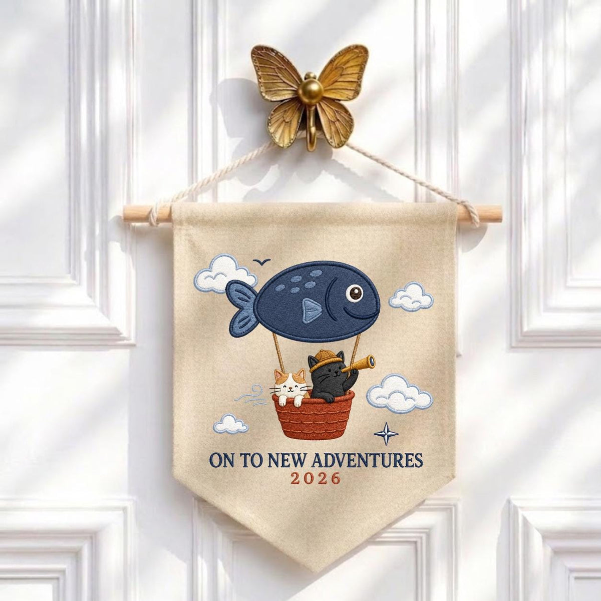 Custom Year On To New Adventures Embroidered Canvas Pennant Banner, Cute Cat Explorer Fish Balloon Adventure Wall Hanging Decor, Gift