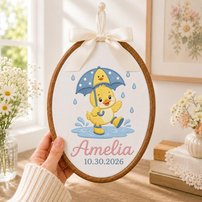 Personalized Embroidered Ornament, Rainy Day Duck Name Hoop, Custom Baby Nursery Decor, Birth Date Keepsake, Baby Shower Gift