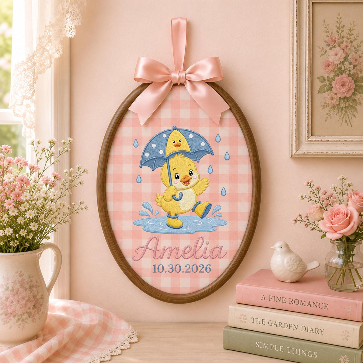 Personalized Embroidered Ornament, Rainy Day Duck Name Hoop, Custom Baby Nursery Decor, Birth Date Keepsake, Baby Shower Gift
