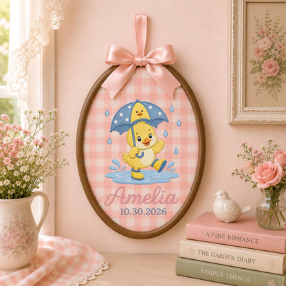 Personalized Embroidered Ornament, Rainy Day Duck Name Hoop, Custom Baby Nursery Decor, Birth Date Keepsake, Baby Shower Gift