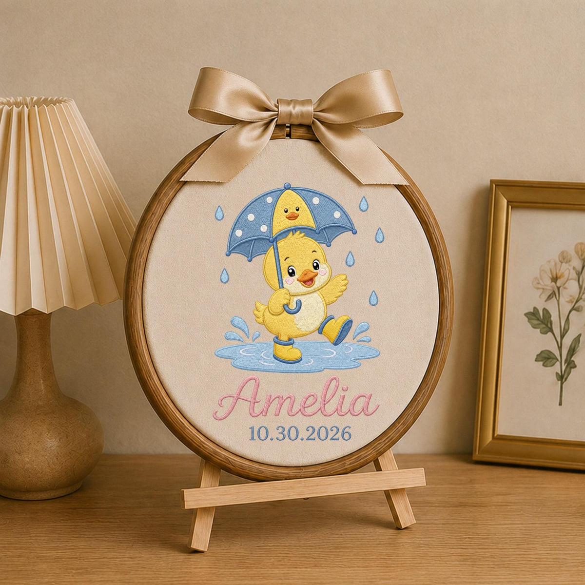Personalized Embroidered Ornament, Rainy Day Duck Name Hoop, Custom Baby Nursery Decor, Birth Date Keepsake, Baby Shower Gift
