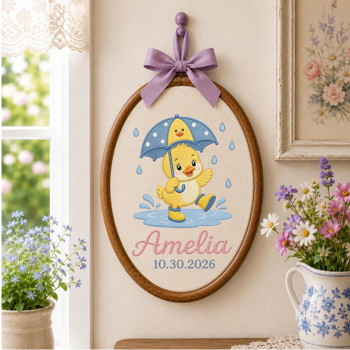 Personalized Embroidered Ornament, Rainy Day Duck Name Hoop, Custom Baby Nursery Decor, Birth Date Keepsake, Baby Shower Gift