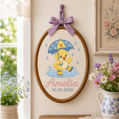 Personalized Embroidered Ornament, Rainy Day Duck Name Hoop, Custom Baby Nursery Decor, Birth Date Keepsake, Baby Shower Gift