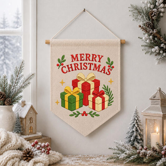 Christmas Presents Embroidered Canvas Pennant Banner, Merry Christmas Wall Hanging Sign, Holiday Farmhouse Living Room Festive Gift Decor