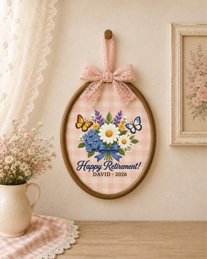 Personalized Retirement Embroidered Ornament, Custom Name Retirement Gift, Floral Butterfly Hoop, Retirement Keepsake, Coworker Gift
