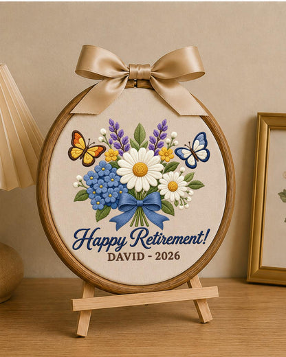 Personalized Retirement Embroidered Ornament, Custom Name Retirement Gift, Floral Butterfly Hoop, Retirement Keepsake, Coworker Gift