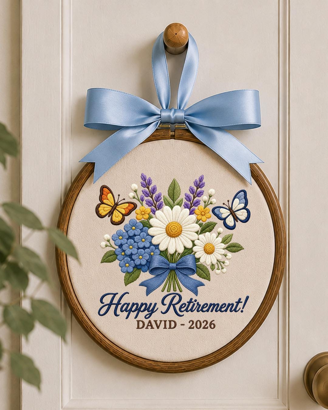 Personalized Retirement Embroidered Ornament, Custom Name Retirement Gift, Floral Butterfly Hoop, Retirement Keepsake, Coworker Gift