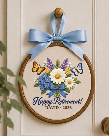 Personalized Retirement Embroidered Ornament, Custom Name Retirement Gift, Floral Butterfly Hoop, Retirement Keepsake, Coworker Gift