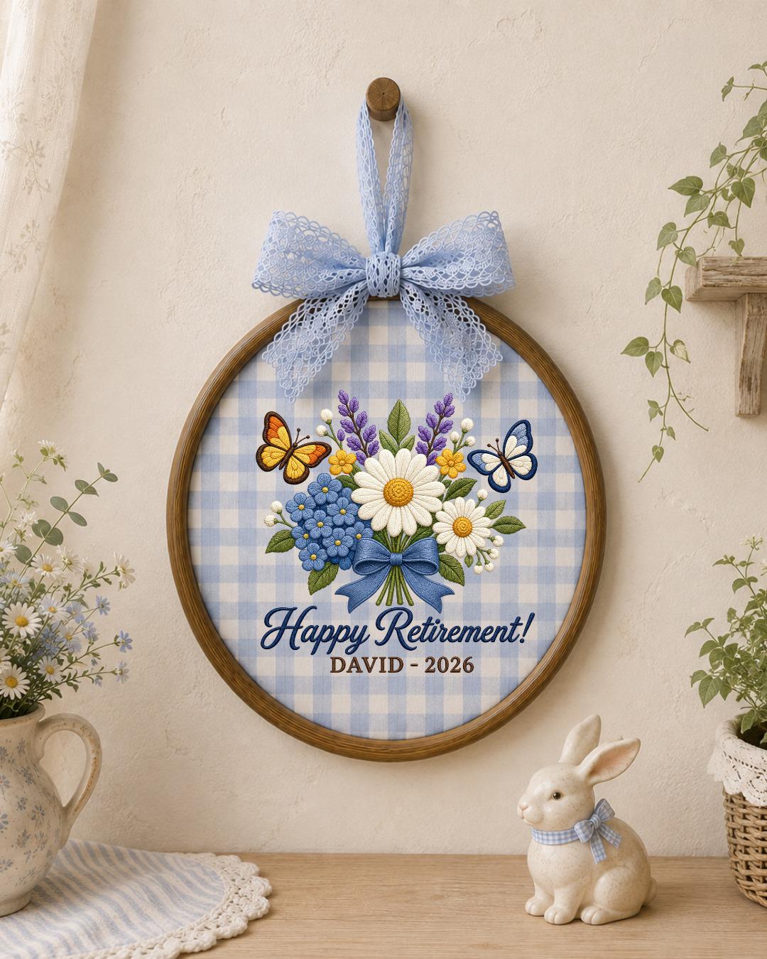 Personalized Retirement Embroidered Ornament, Custom Name Retirement Gift, Floral Butterfly Hoop, Retirement Keepsake, Coworker Gift