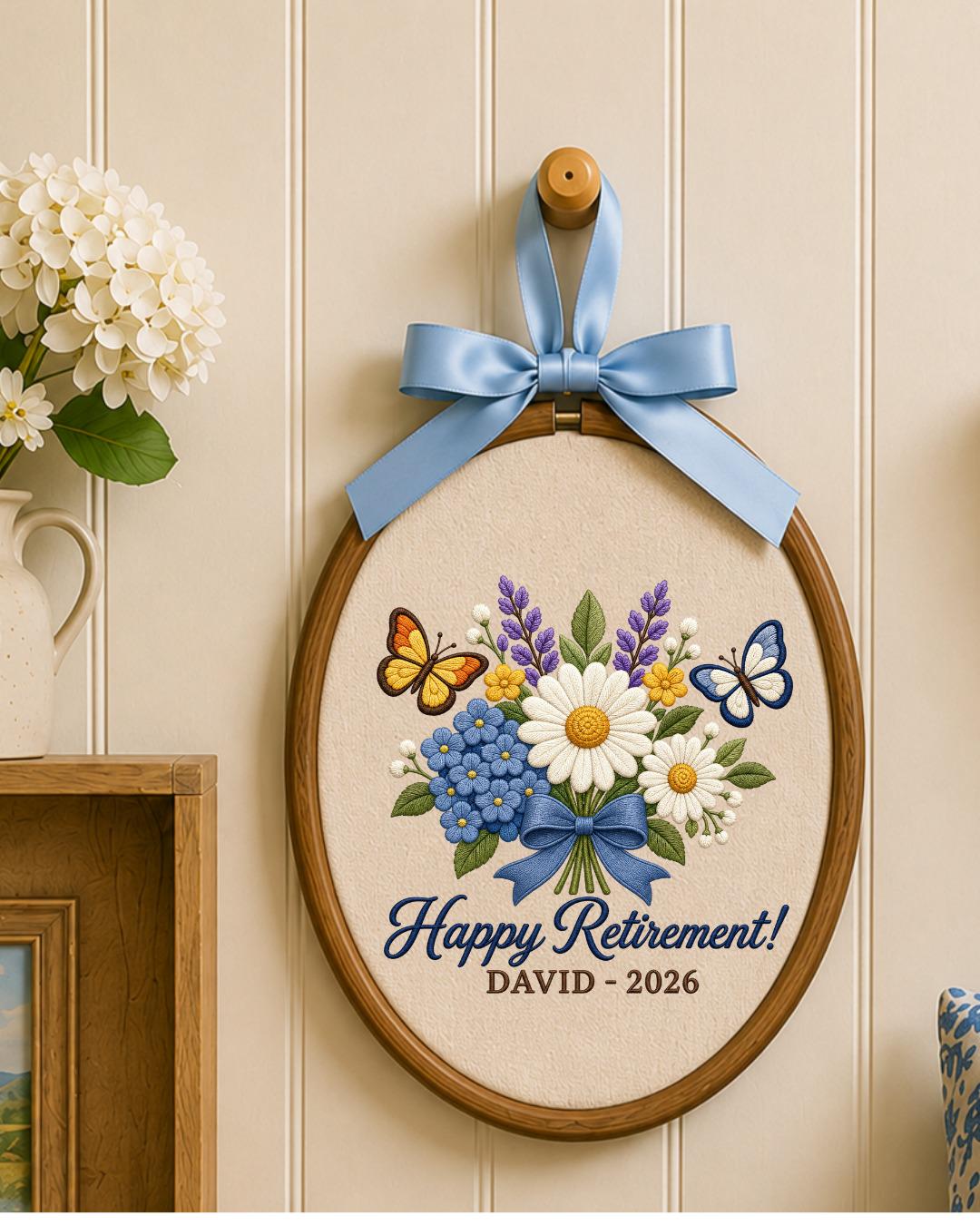 Personalized Retirement Embroidered Ornament, Custom Name Retirement Gift, Floral Butterfly Hoop, Retirement Keepsake, Coworker Gift