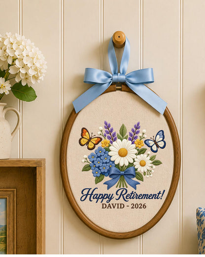 Personalized Retirement Embroidered Ornament, Custom Name Retirement Gift, Floral Butterfly Hoop, Retirement Keepsake, Coworker Gift