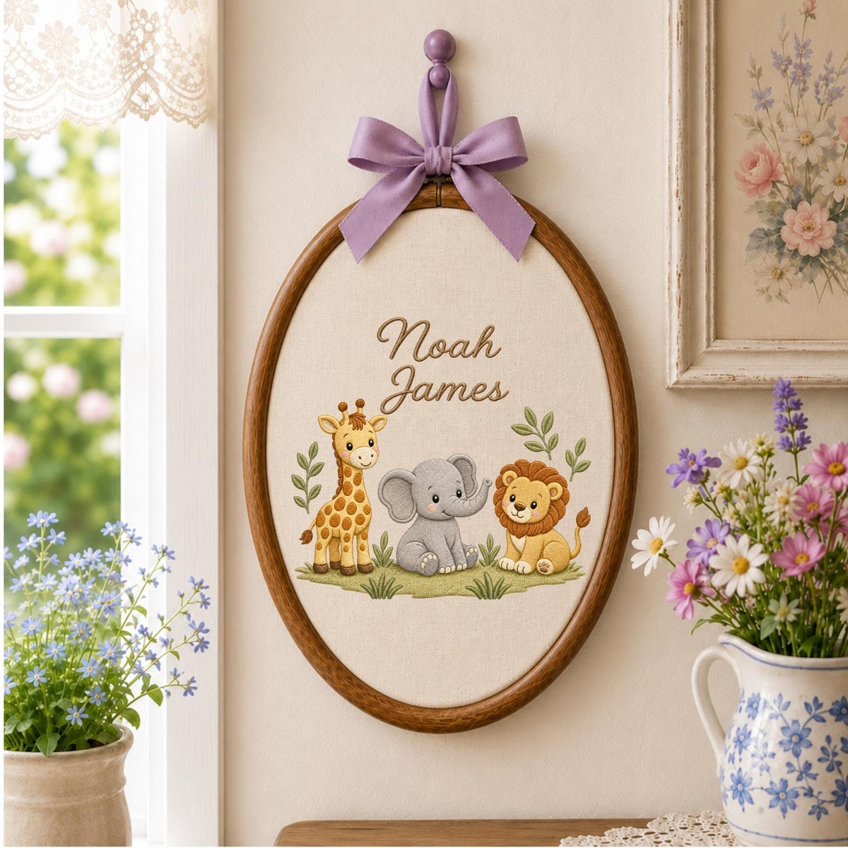Personalized Embroidered Ornament, Safari Animal Name Hoop, Baby Boy Nursery Decor, Jungle Baby Shower Gift, Newborn Keepsake