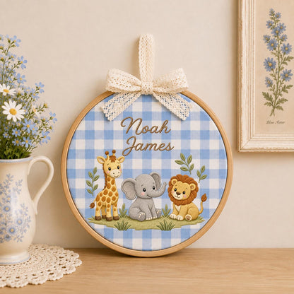 Personalized Embroidered Ornament, Safari Animal Name Hoop, Baby Boy Nursery Decor, Jungle Baby Shower Gift, Newborn Keepsake