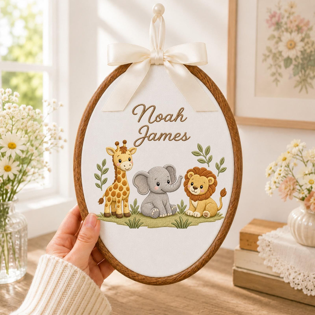 Personalized Embroidered Ornament, Safari Animal Name Hoop, Baby Boy Nursery Decor, Jungle Baby Shower Gift, Newborn Keepsake