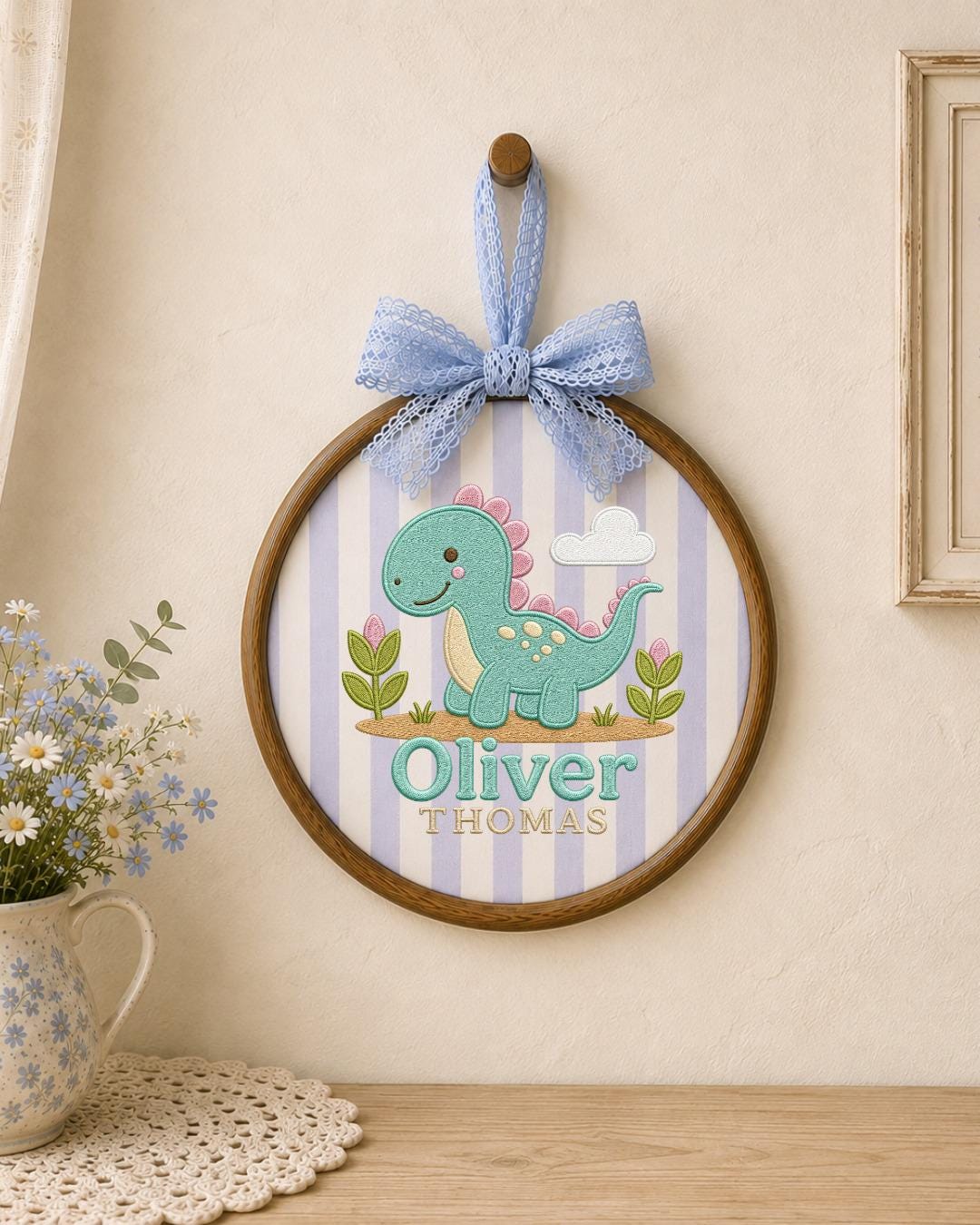Personalized Dinosaur Embroidered Ornament, Custom Baby Name Hoop, Cute Dino Nursery Decor, Baby Boy Gift, Newborn Keepsake
