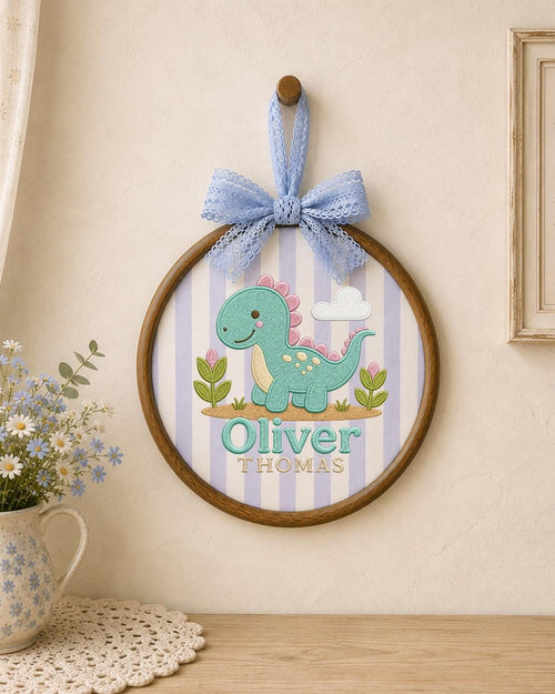 Personalized Dinosaur Embroidered Ornament, Custom Baby Name Hoop, Cute Dino Nursery Decor, Baby Boy Gift, Newborn Keepsake