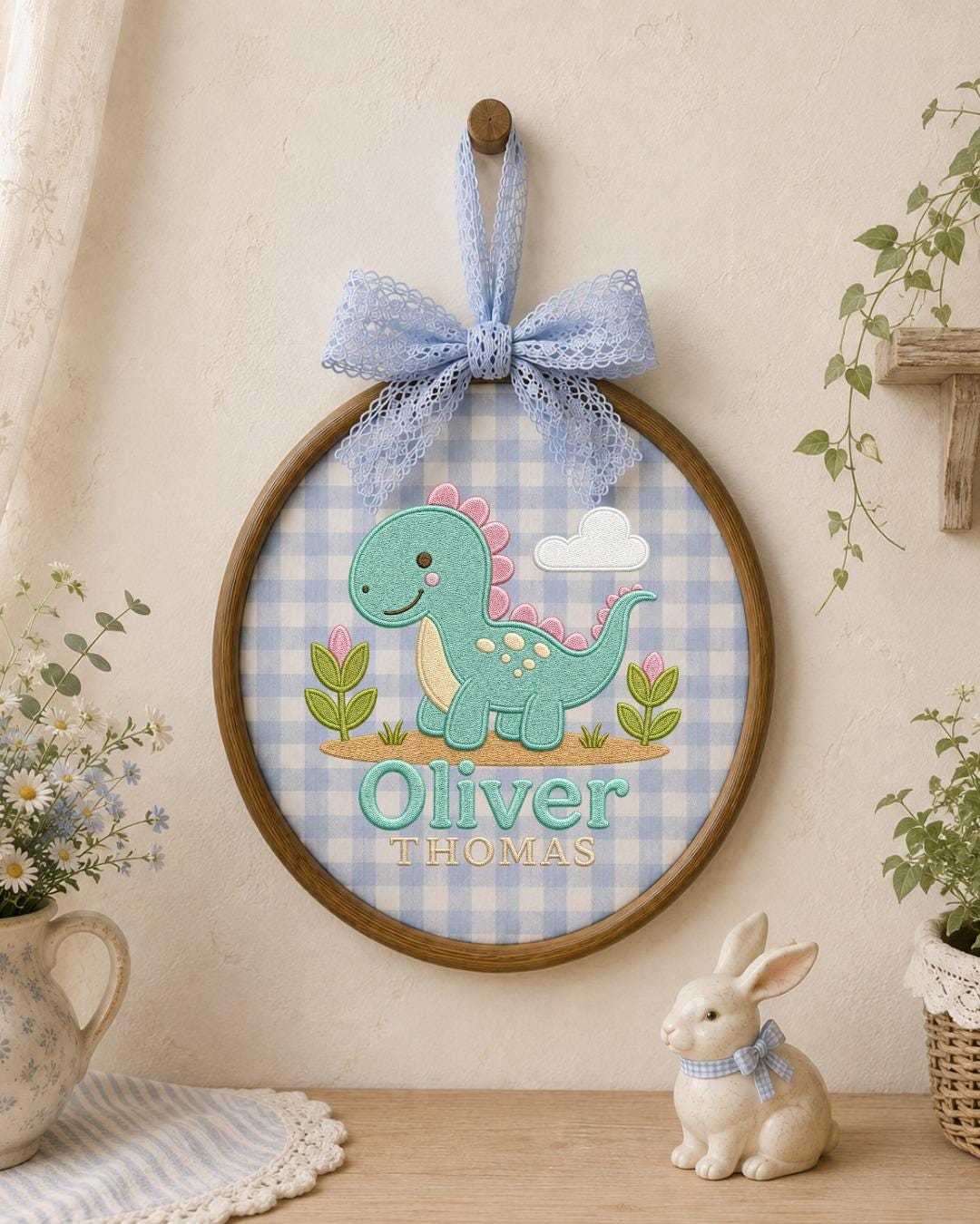 Personalized Dinosaur Embroidered Ornament, Custom Baby Name Hoop, Cute Dino Nursery Decor, Baby Boy Gift, Newborn Keepsake