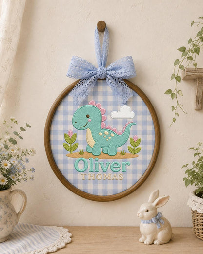 Personalized Dinosaur Embroidered Ornament, Custom Baby Name Hoop, Cute Dino Nursery Decor, Baby Boy Gift, Newborn Keepsake