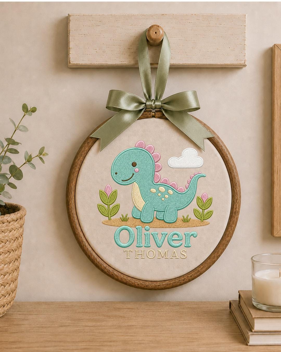 Personalized Dinosaur Embroidered Ornament, Custom Baby Name Hoop, Cute Dino Nursery Decor, Baby Boy Gift, Newborn Keepsake