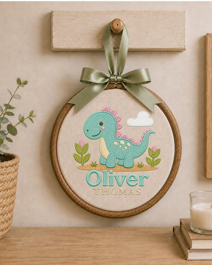 Personalized Dinosaur Embroidered Ornament, Custom Baby Name Hoop, Cute Dino Nursery Decor, Baby Boy Gift, Newborn Keepsake