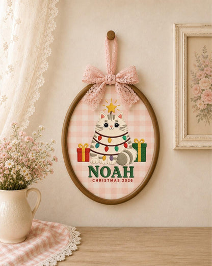 Personalized Christmas Cat Embroidered Ornament, Custom Pet Name Hoop, Christmas 2026 Keepsake, Cat Lover Gift, Holiday Home Decor