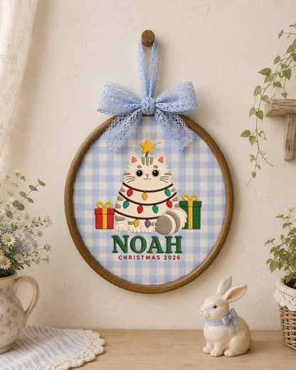 Personalized Christmas Cat Embroidered Ornament, Custom Pet Name Hoop, Christmas 2026 Keepsake, Cat Lover Gift, Holiday Home Decor