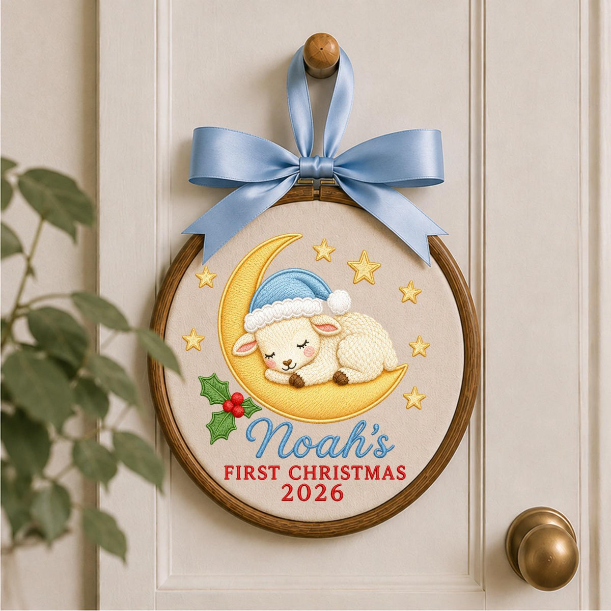 Personalized Embroidered Ornament, Baby First Christmas Lamb Hoop, Custom Name Christmas Decor, Newborn Holiday Keepsake Gift
