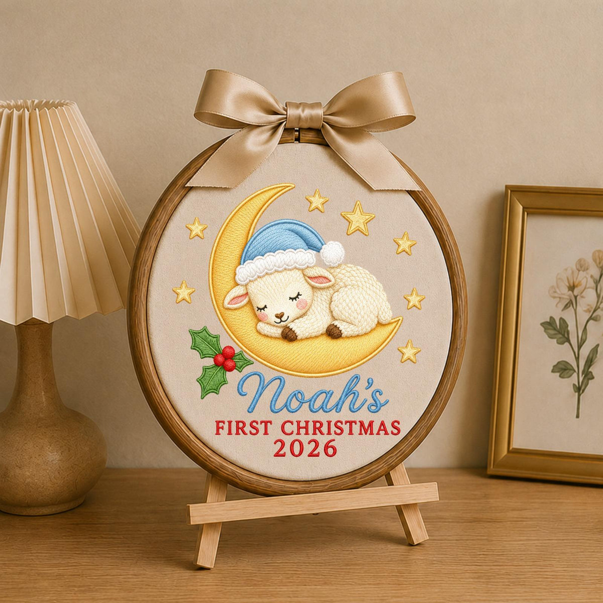 Personalized Embroidered Ornament, Baby First Christmas Lamb Hoop, Custom Name Christmas Decor, Newborn Holiday Keepsake Gift