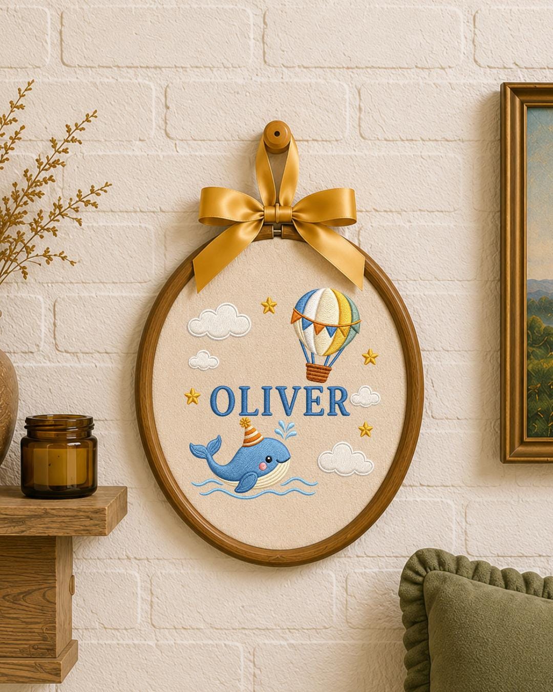 Personalized Whale Embroidered Ornament, Custom Baby Name Hoop, Hot Air Balloon Nursery Decor, Ocean Baby Gift, Newborn Keepsake