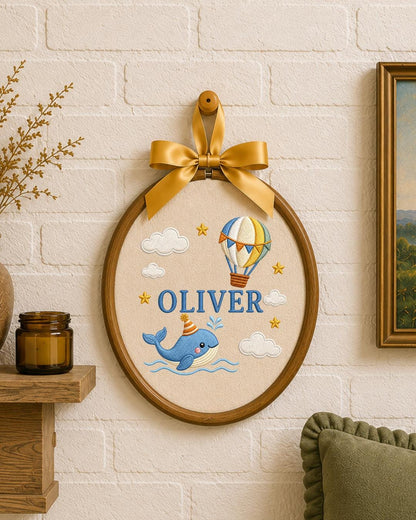 Personalized Whale Embroidered Ornament, Custom Baby Name Hoop, Hot Air Balloon Nursery Decor, Ocean Baby Gift, Newborn Keepsake